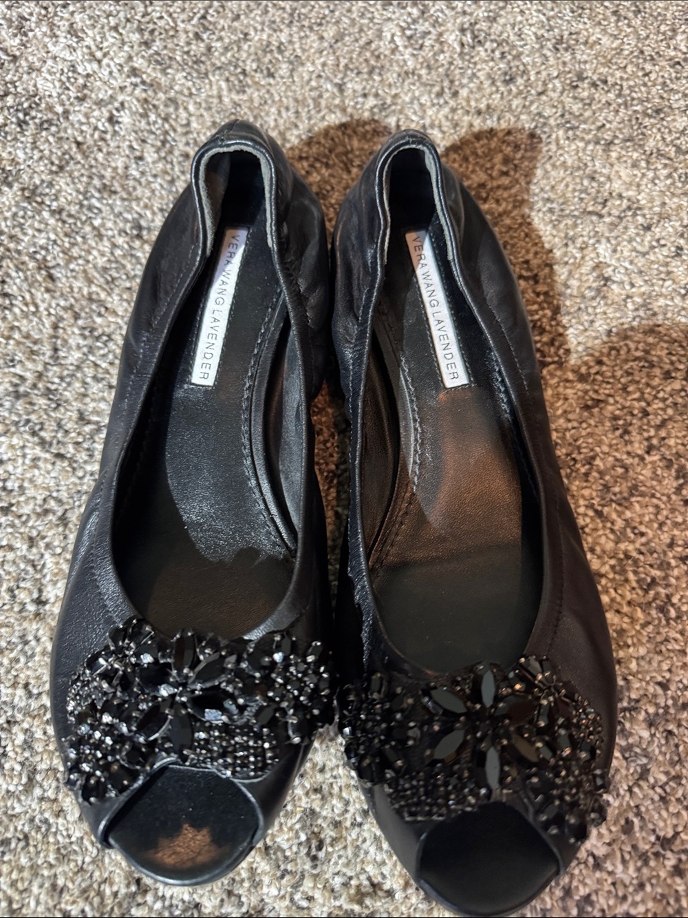 Vera Wang Black Jeweled Peep-Toe Ballet Flats